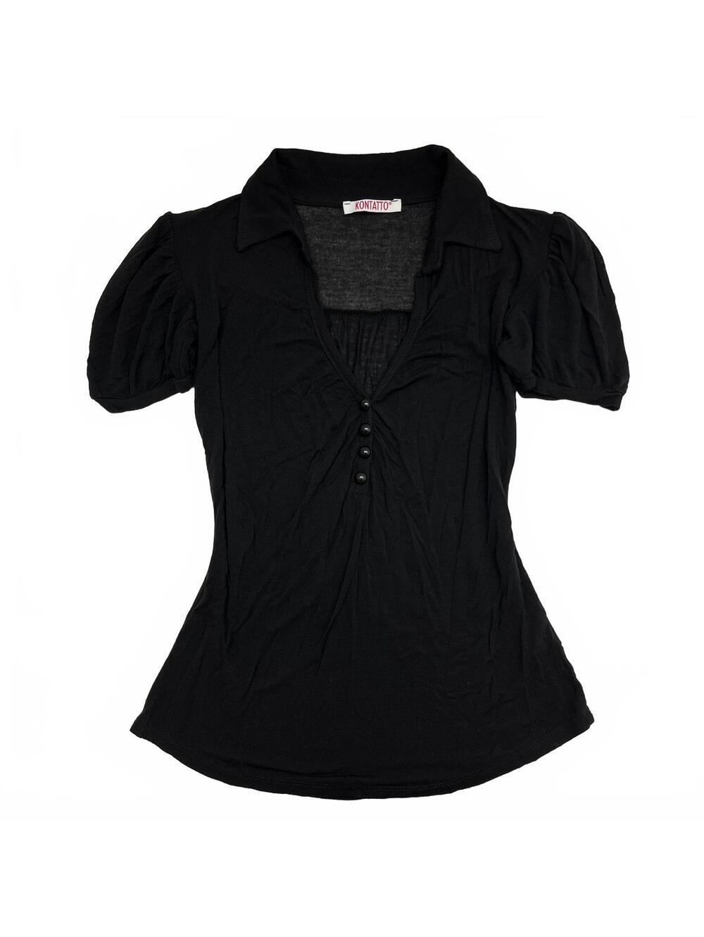 Kontatto Italy Sz M Black Puff Sleeve V Neck Henley Top Coquette Goth Romantic